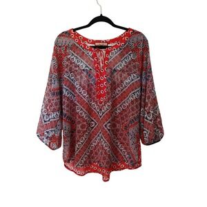 Olive Hill Red Boho Mixed Print Lace Back Blouse XL Tunic Lightweight